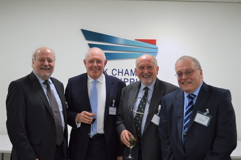 SHIP MATES:  From left to right, Captain Kevin Slade (Chairman of the MN Training Board), Maurice Storey CB, (Chairman of Evergreen UK and past CEO of the MCA), Captain Malcolm Parrott (MD The Maritime Group (International) Limited) and Captain John Garner (Operations Director of P&O ferries).